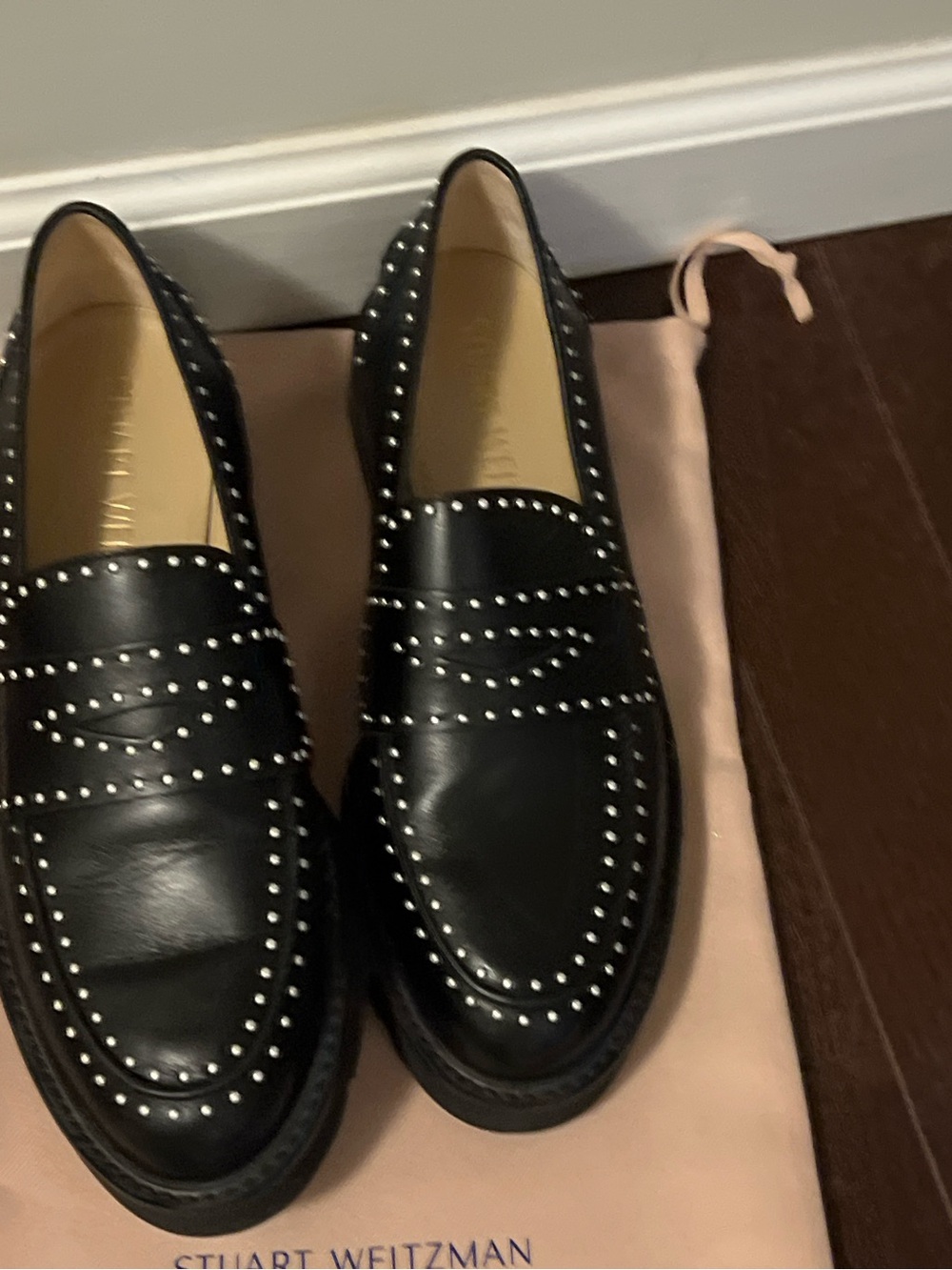 Stuart Weitzman Black Leather Studded Loafers
